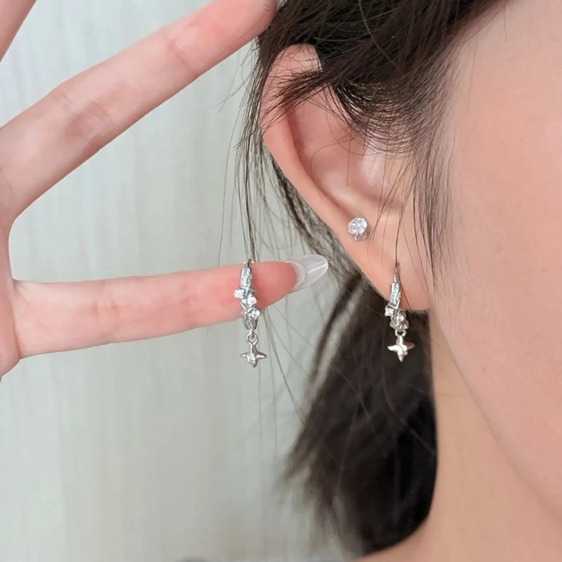 2026 four-star hoop earrings for women, geometric circle design with zircon accents and metal buckle closure