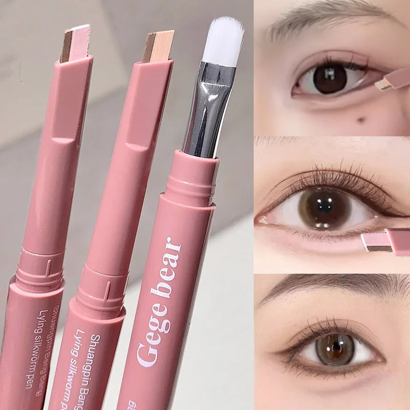 Double-ended lying silkworm pencil highlighter with detail brush for nude lower eyelid contour and aegyo-sal makeup