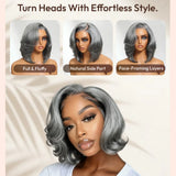 Salt and pepper wavy bob human hair wig with natural gray tones and effortless, comfortable style