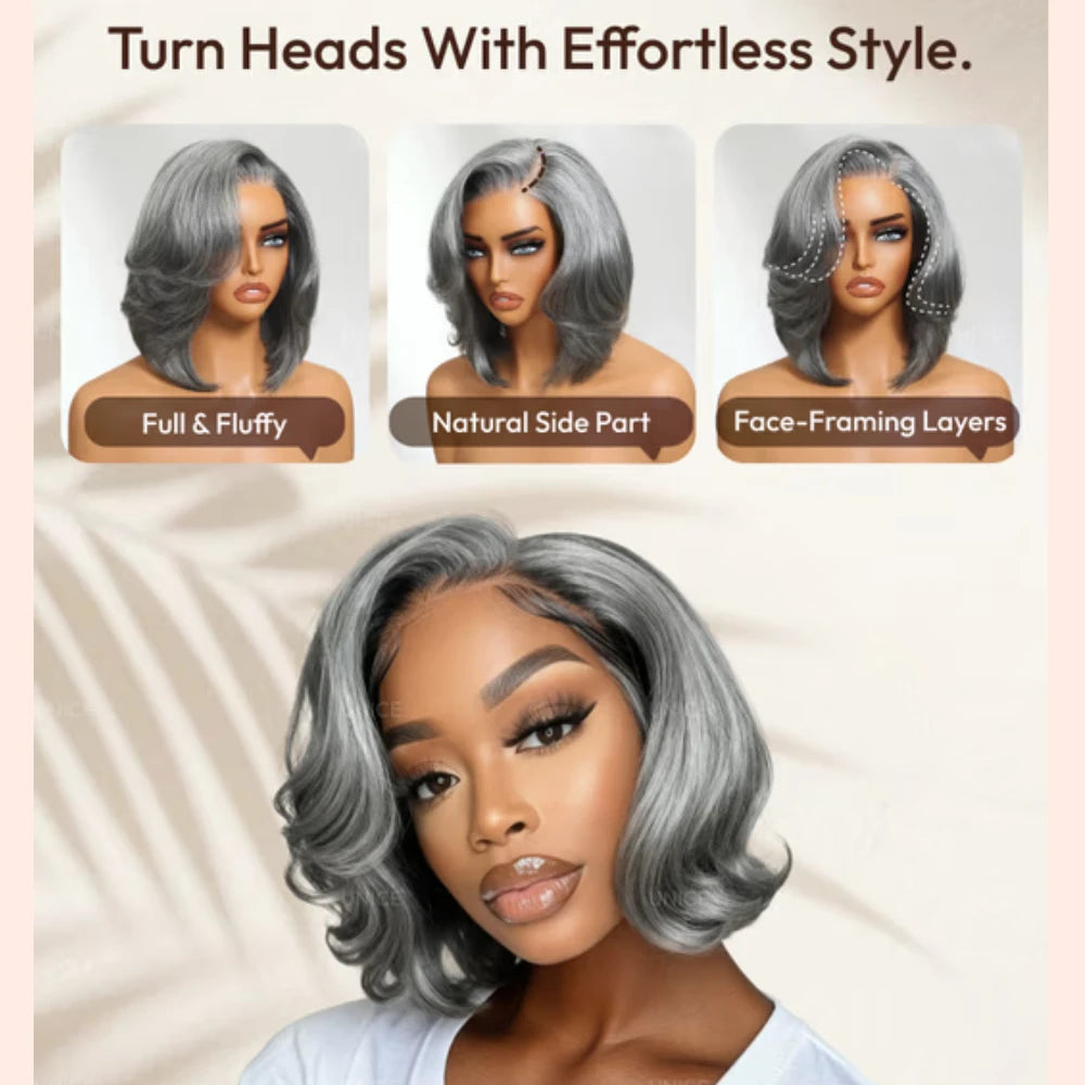 Salt and pepper wavy bob human hair wig with natural gray tones and effortless, comfortable style