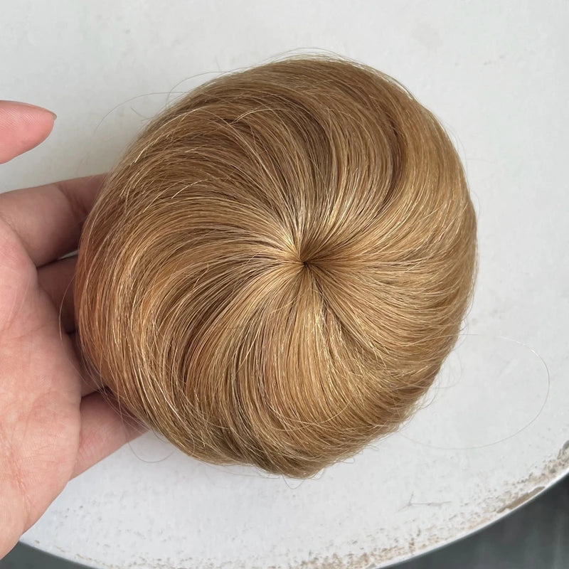Brown blonde 6-inch human hair drawstring bun wig by HSF Marketplace for thinner hair