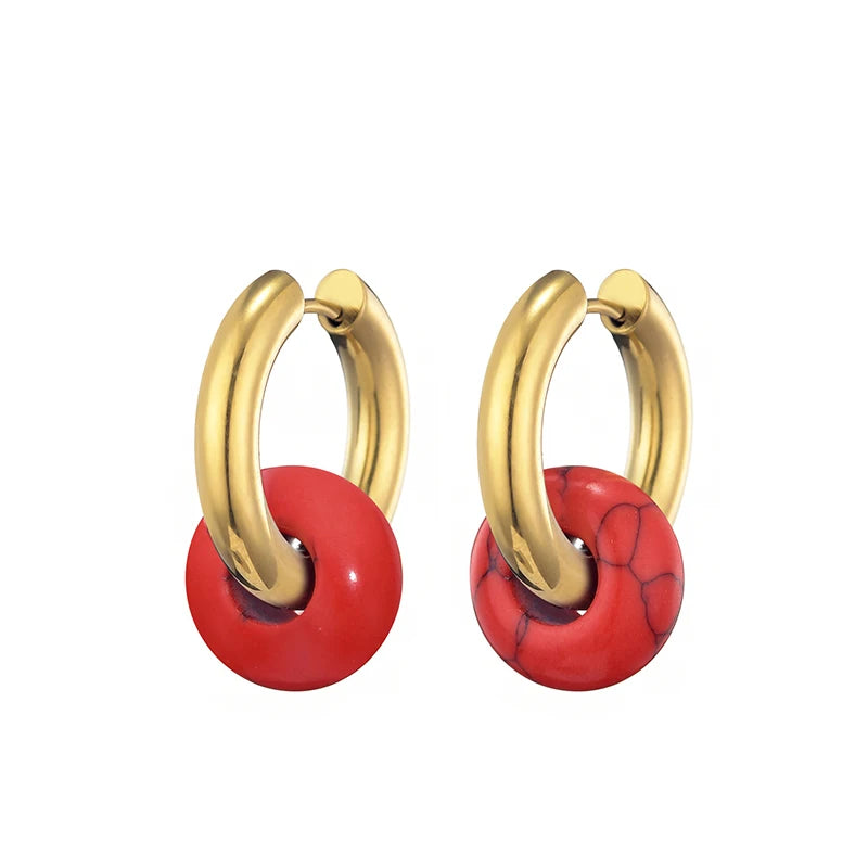 Natural stone turquoise round bead hoop earrings, 3mm thick stainless steel ear buckle jewelry