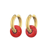 Natural stone turquoise round bead hoop earrings, 3mm thick stainless steel ear buckle jewelry