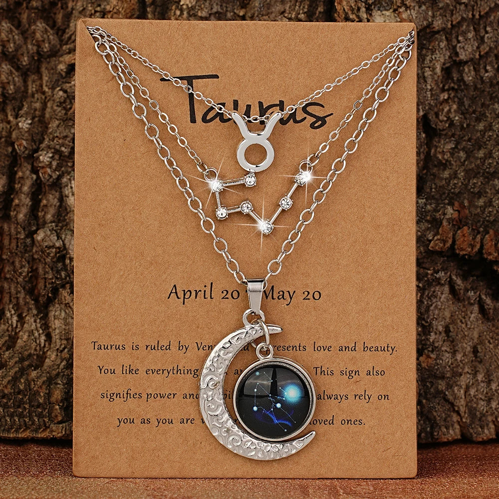 Set of three zodiac moon glow pendant necklaces with birthstone cards, vintage jewelry set for birthdays and friendship gifts.