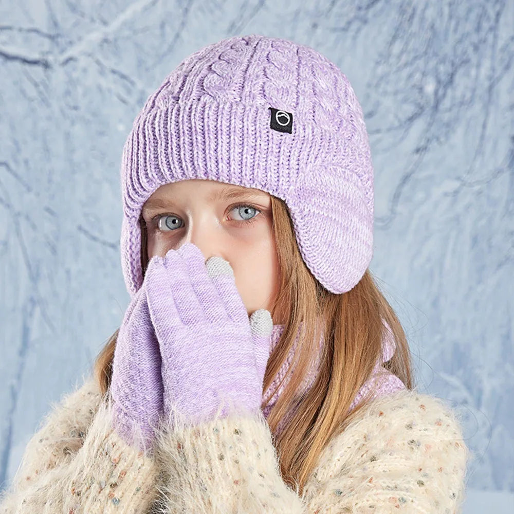 Children's warm fleece-lined hat, scarf, and gloves set by HSF Marketplace in coordinated winter colors