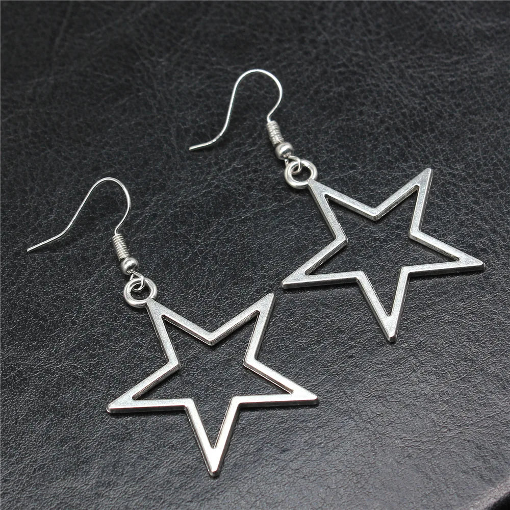 Vintage hollow star pendant earrings in antique silver for women by HSF Marketplace