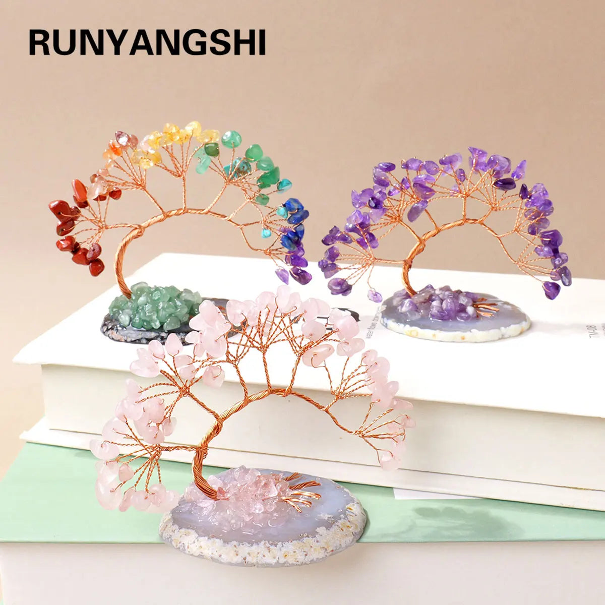 1pc Natural Crystal Lucky Tree Copper Wire Winding Amethyst Gravel With Agate Slice Base Home Decoration Money Trees