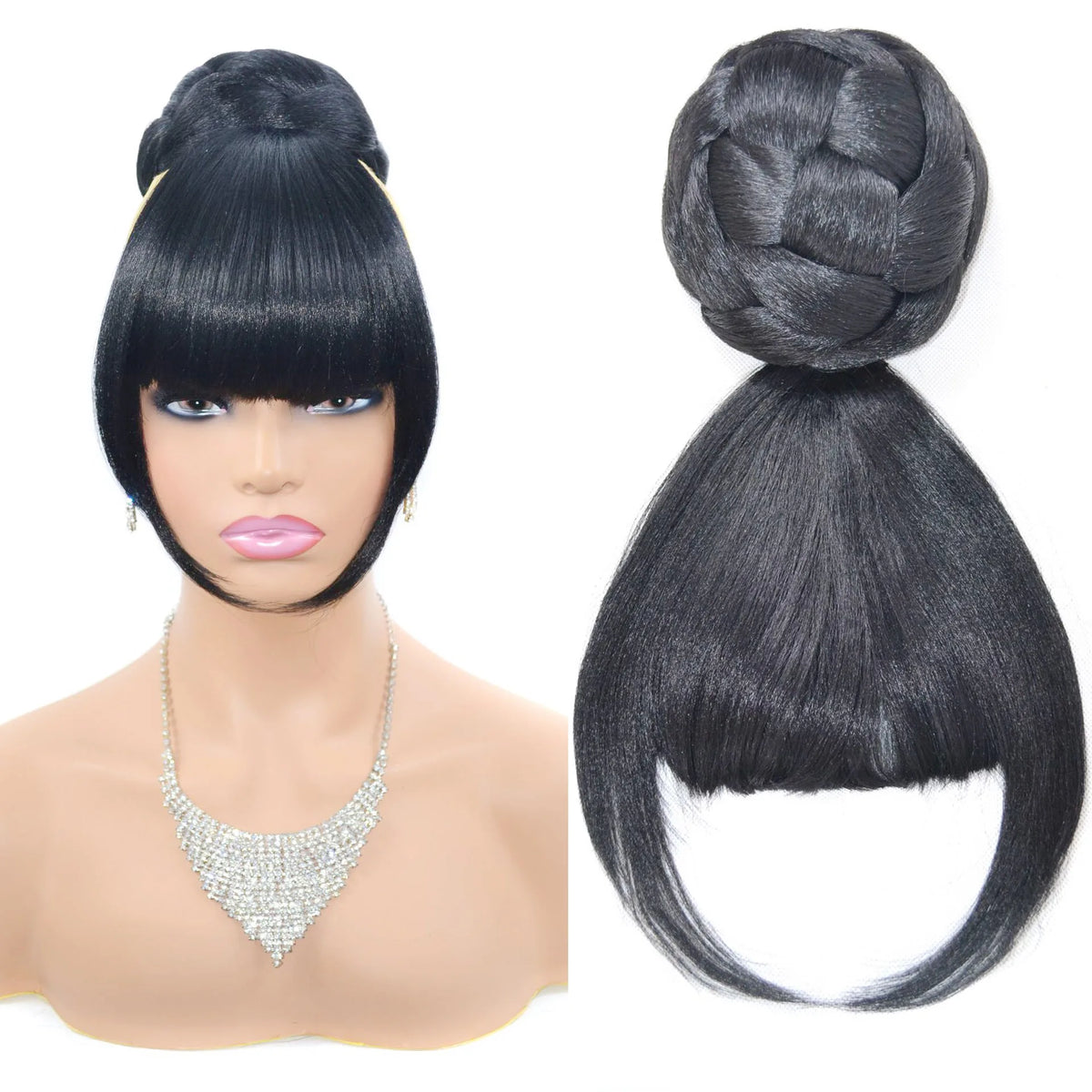 2-in-1 synthetic clip-in hair bun with bangs, chignon donut bun and high ponytail hair piece for women