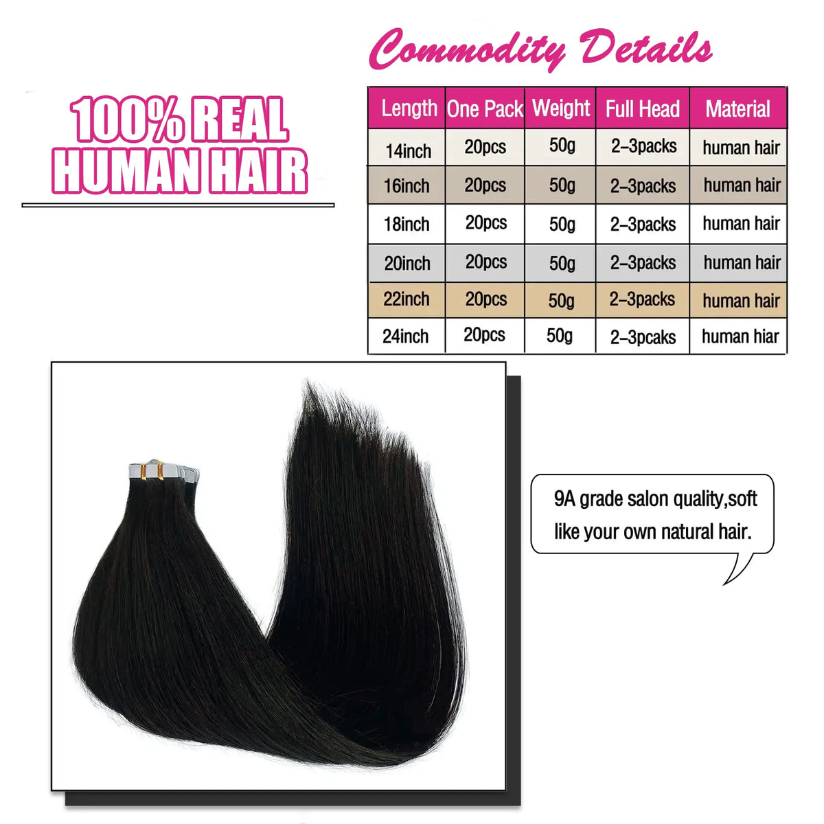 Straight seamless tape-in Remy human hair extensions, 20-piece skin weft in natural black for women