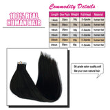 Straight seamless tape-in Remy human hair extensions, 20-piece skin weft in natural black for women