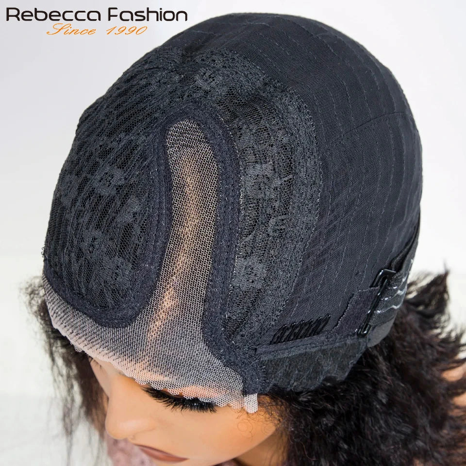 Reddish brown 14-inch kinky straight bob lace wig with side part, natural hairline, human hair, black color, glueless style.