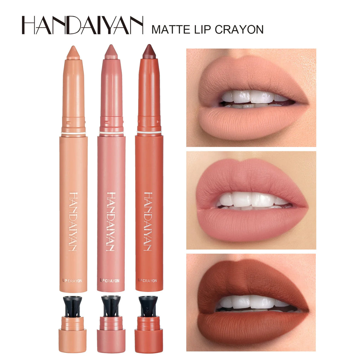 Cherry red matte lipstick and nude pink lip liner pencil from HSF Marketplace with contour and plumping effect, natural lip makeup.