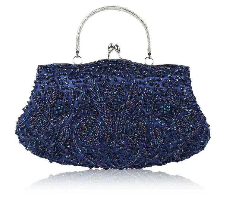 Women's beaded embroidered clutch purse with shoulder chain, small evening tote bag for wedding and party occasions.