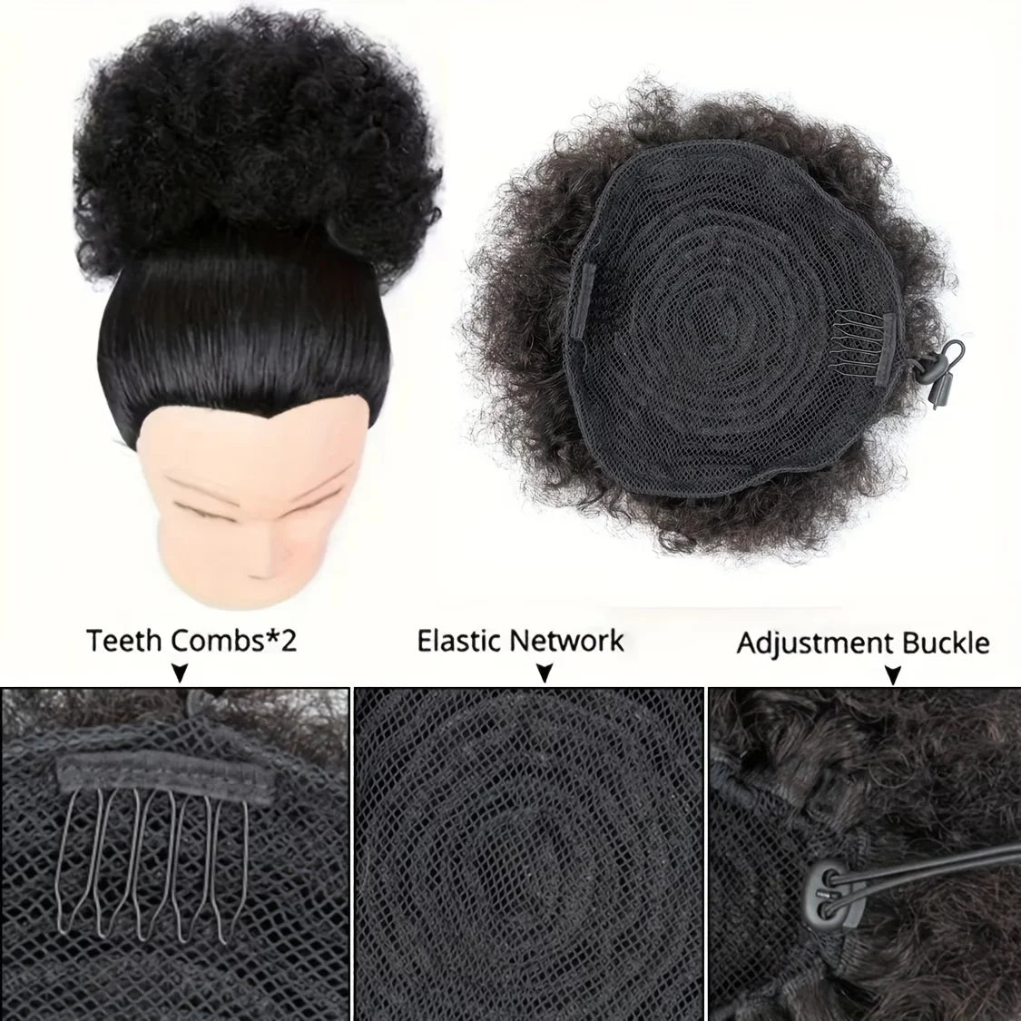 Kinky curly human hair drawstring ponytail bun with Brazilian clip-in extensions in a soft, voluminous style