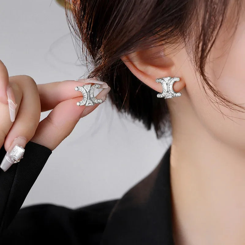14K gold-plated zircon stud earrings, simple letter C-shaped design by HSF Marketplace