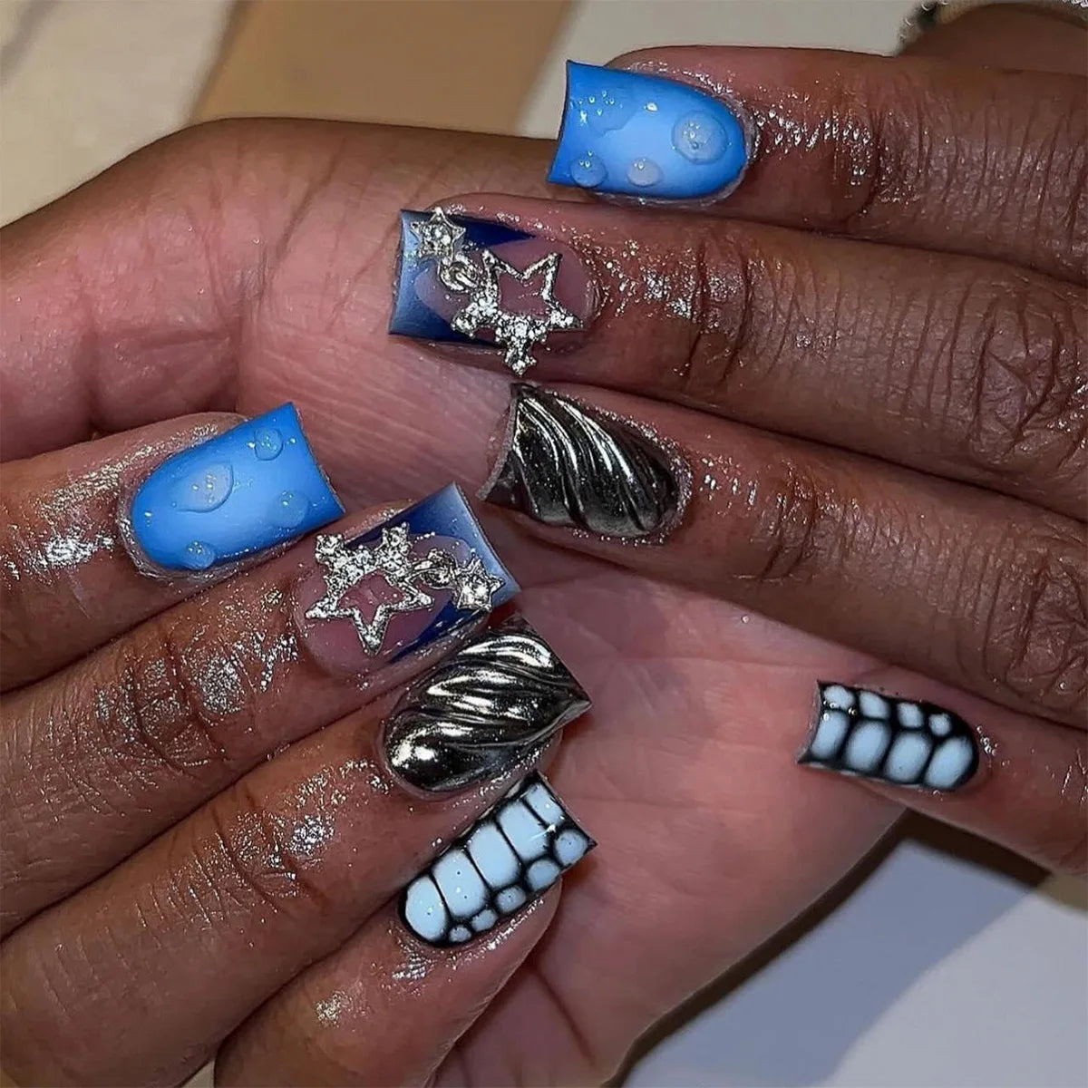 24-piece nude pink short duckbill false nails with leopard print French tips, 3D bowknots, butterflies, and cherries