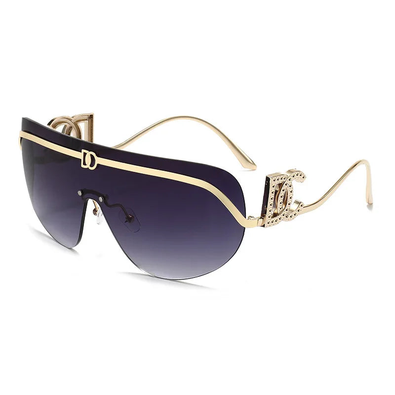 Luxury oversized shield sunglasses by HSF Marketplace with gold metal frame and gradient UV400 lenses, trendy sun protection shades.
