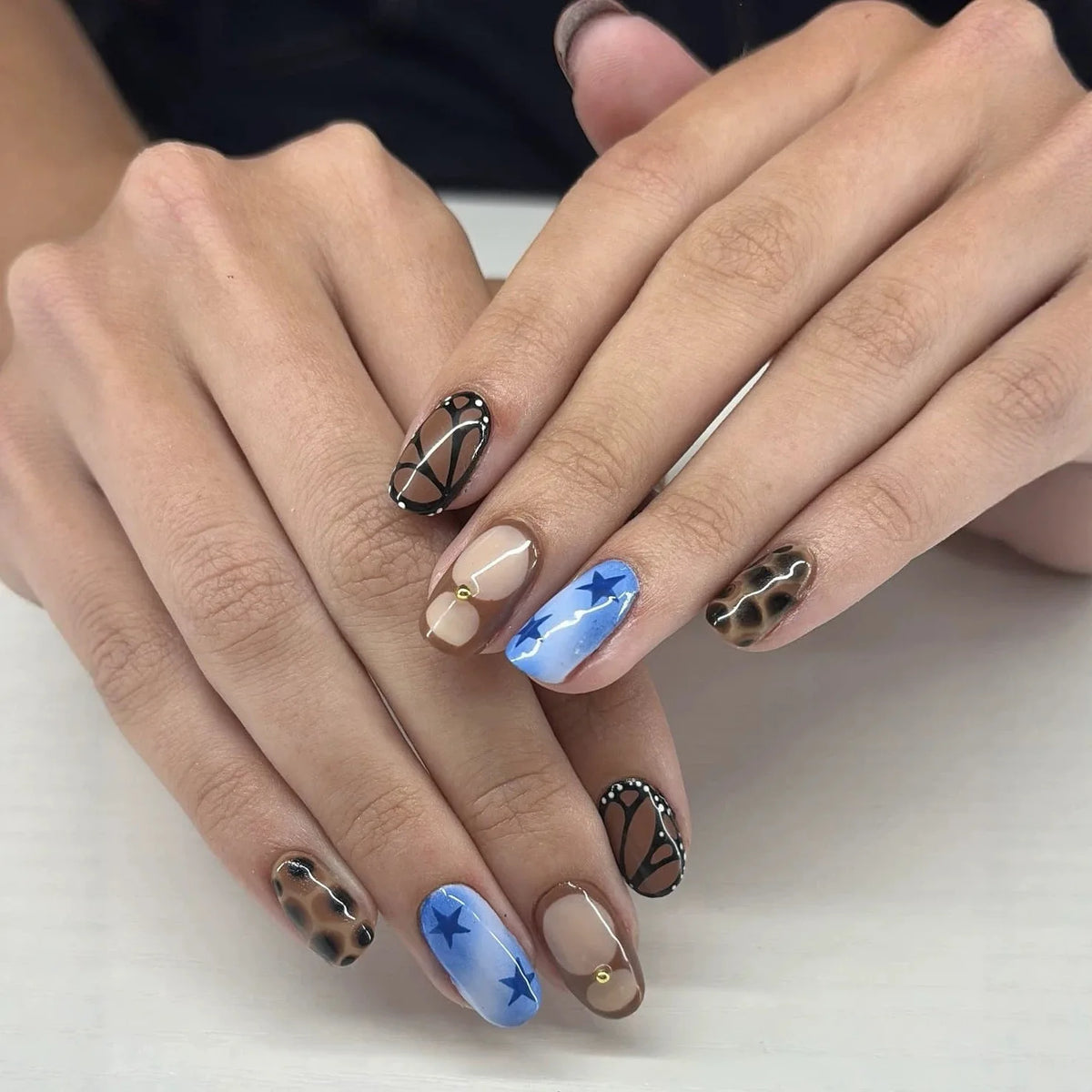 HSF Marketplace pink and black long coffin press-on nails with French tips, polka dots, and striped design