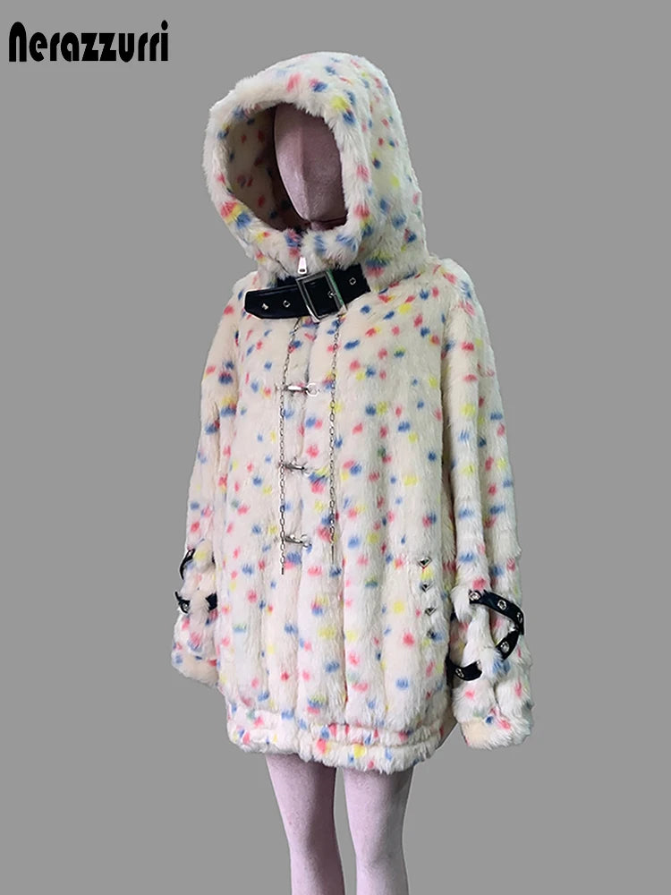 Nerazzurri women's thick multicolored faux fur coat with hood, colorful fluffy winter punk-style jacket