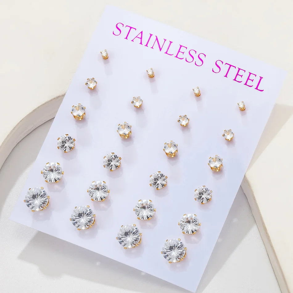 12 pairs white crystal stud earrings set, 2–7mm round and square zircon studs with golden stainless steel posts