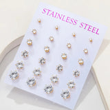 12 pairs white crystal stud earrings set, 2–7mm round and square zircon studs with golden stainless steel posts