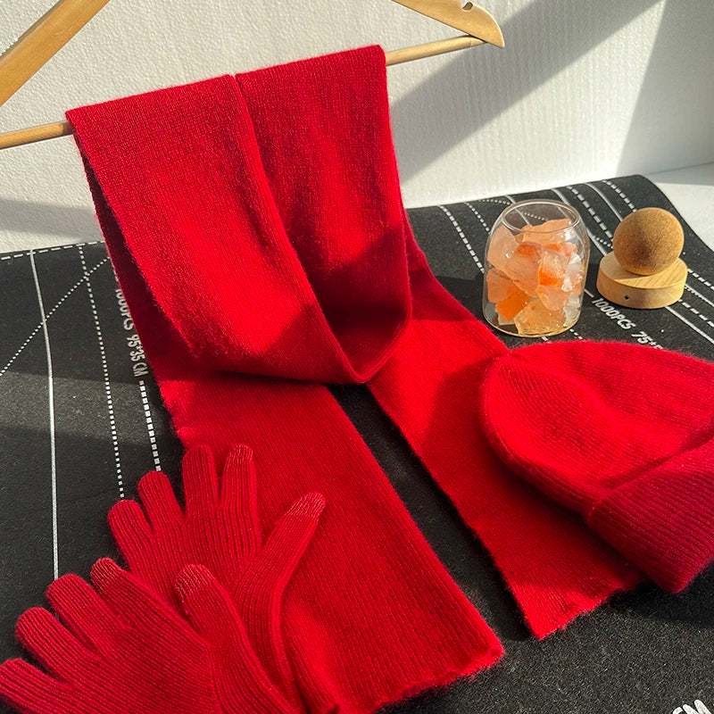 100% pure cashmere winter hat, scarf, and gloves set in soft neutral tones