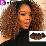 Ombre Brown T1b/30 Mongolian Pixie Curls Hair Weave Bundles with Closure Human Hair Bundles And Closure Frontal with Bundles