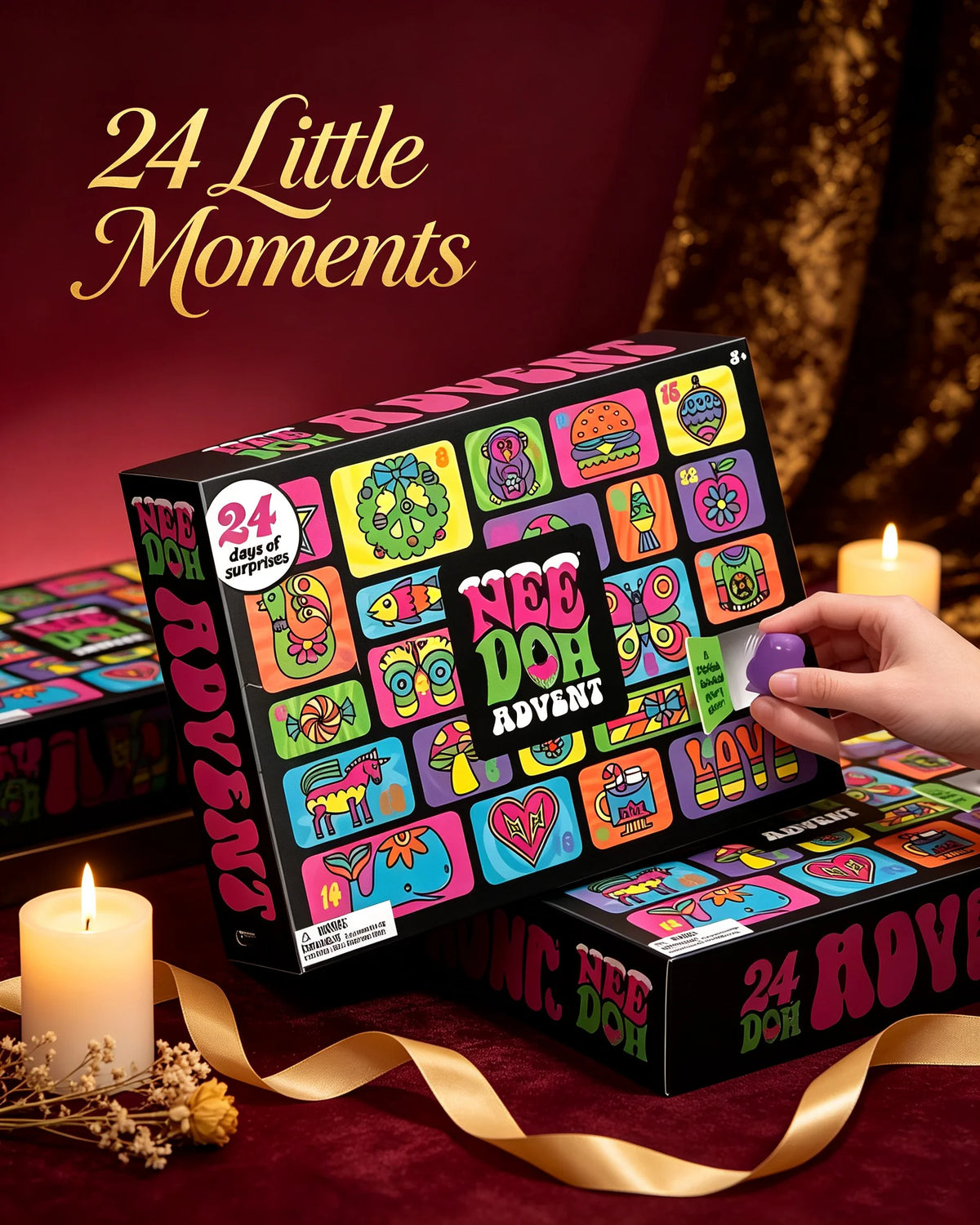 Hot Needoh Advent Calendar sensory toy by HSF Marketplace featuring 24 surprise squeeze toys for stress relief and family fun.