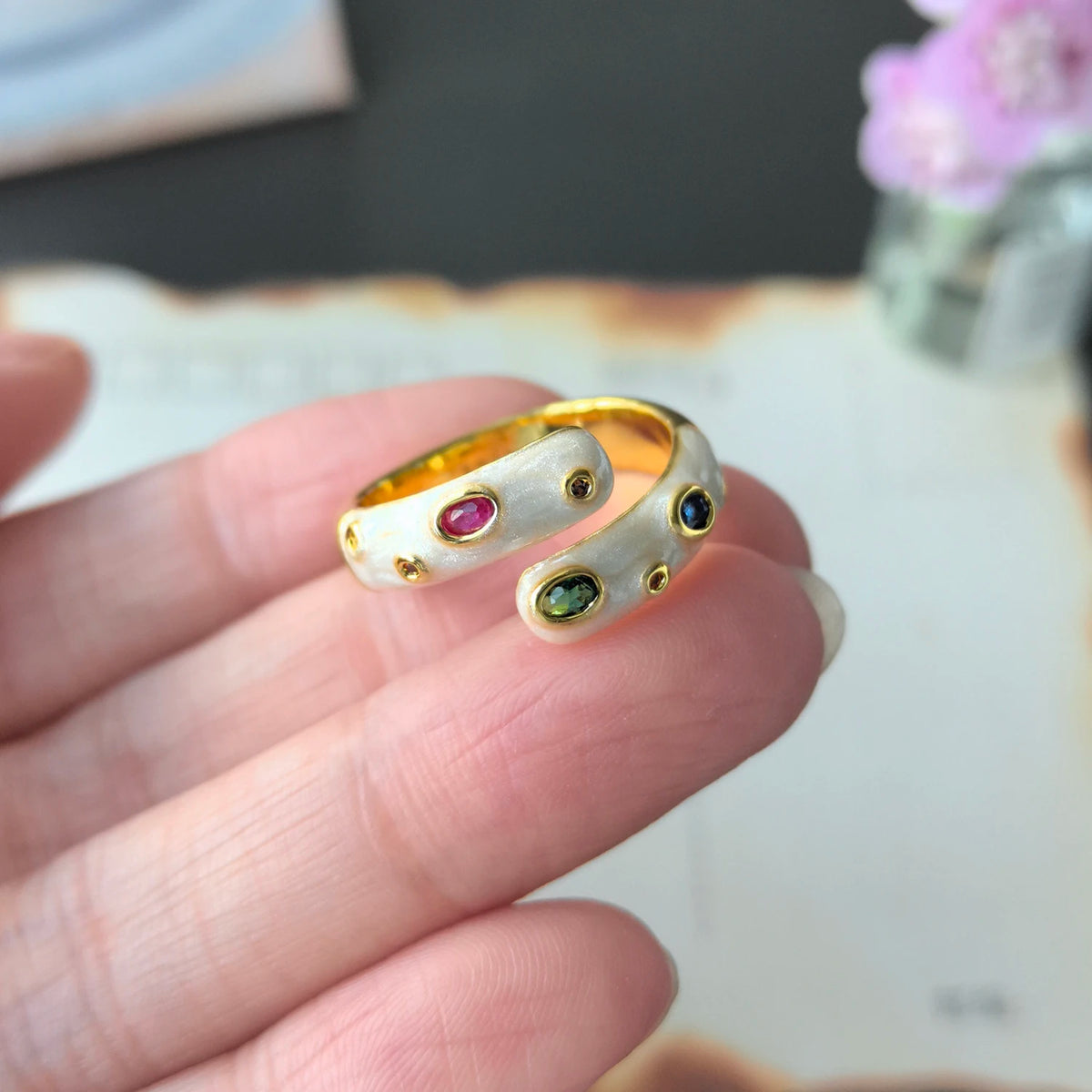 925 Sterling Silver Open Finger Ring Golden Enamel Donut Dazzling Geometric Punk For Women Jewelry Gift Dropship Wholesale