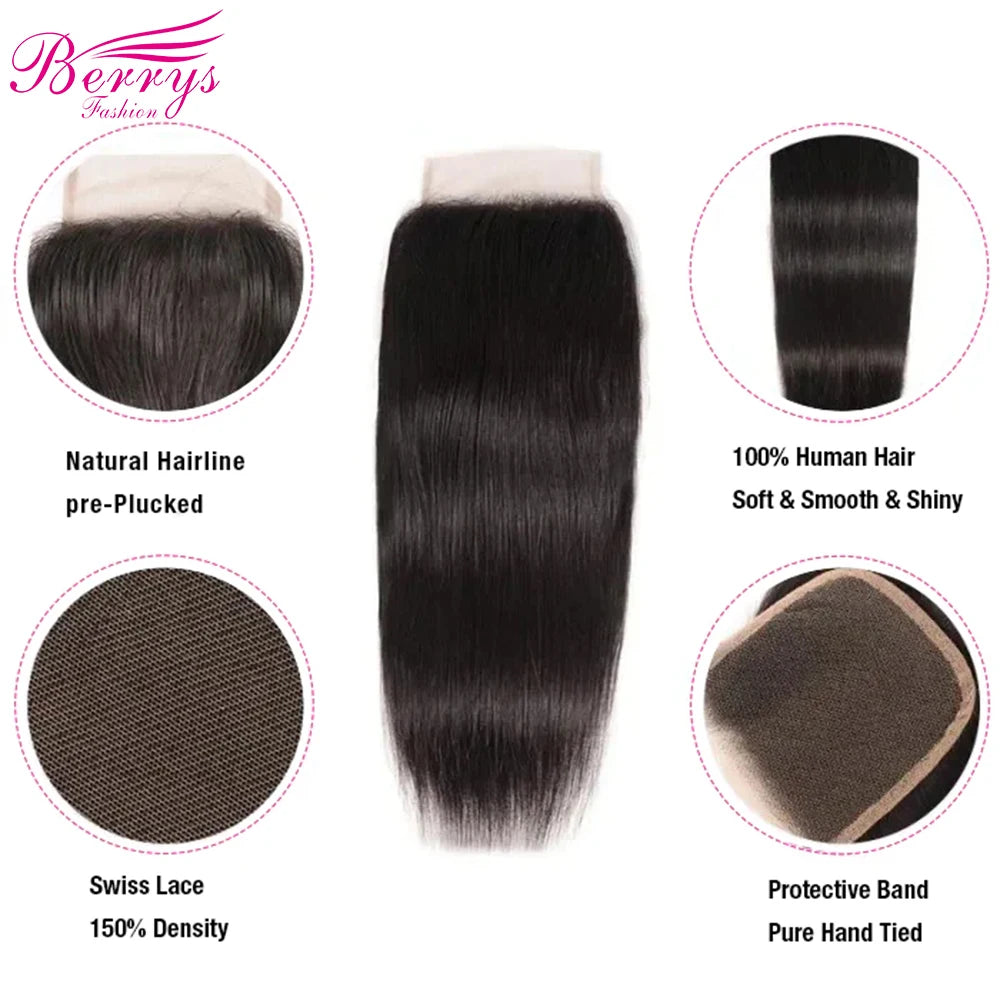 Berrys Fashion Straight 3 Bundles With 6x6 Lace Closure Brazilian Virgin Hair 10-28in Nature Color 100% Human Hair 5x5 Lace