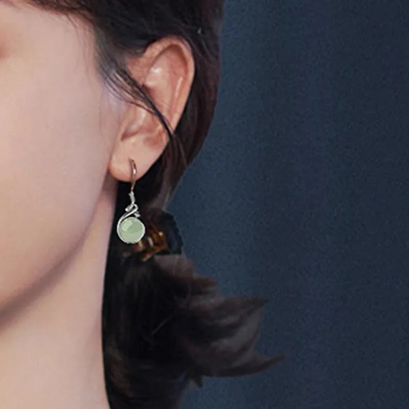 925 sterling silver jade drop earrings for women, elegant dangling jewelry with polished green jade stones
