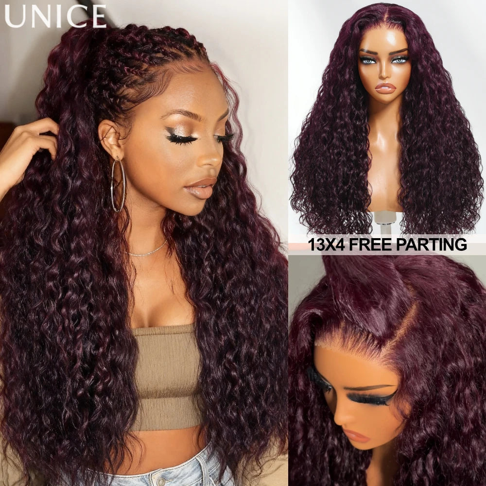 UNice 13x4 Pre-Everything™ Lace Frontal Black Cherry Water Wave Human Hair Wig Pull & Go Drawstring Glueless Wig 150% Density