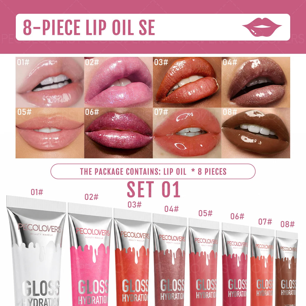 8-piece moisturizing lip oil kit by HSF Marketplace with translucent shine, glossy liquid shades, ideal for casual and party makeup looks.