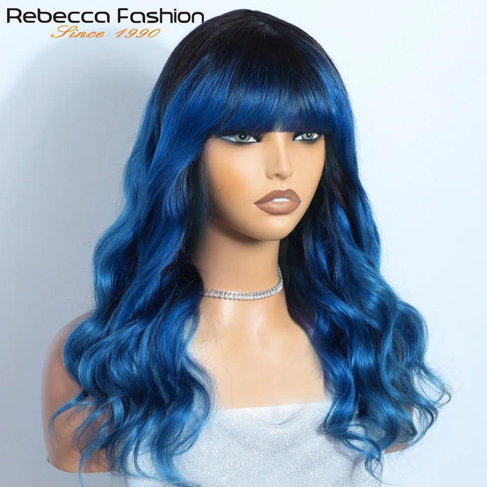 Blue body wave human hair wig with bangs, Brazilian 180D full machine-made wig by HSF Marketplace, suitable for cosplay.