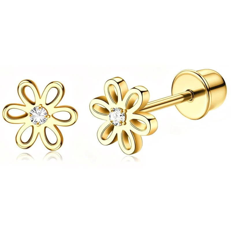 Bobisty hypoallergenic screw-back stud hoop earrings, 14K gold-plated heart and flower CZ design in surgical steel