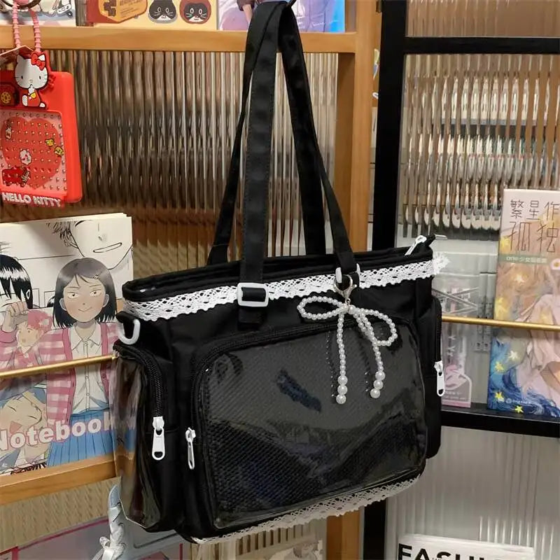 Clear Japanese Y2K Ita shoulder bag by HSF Marketplace featuring a large-capacity transparent tote with crossbody strap and casual style.