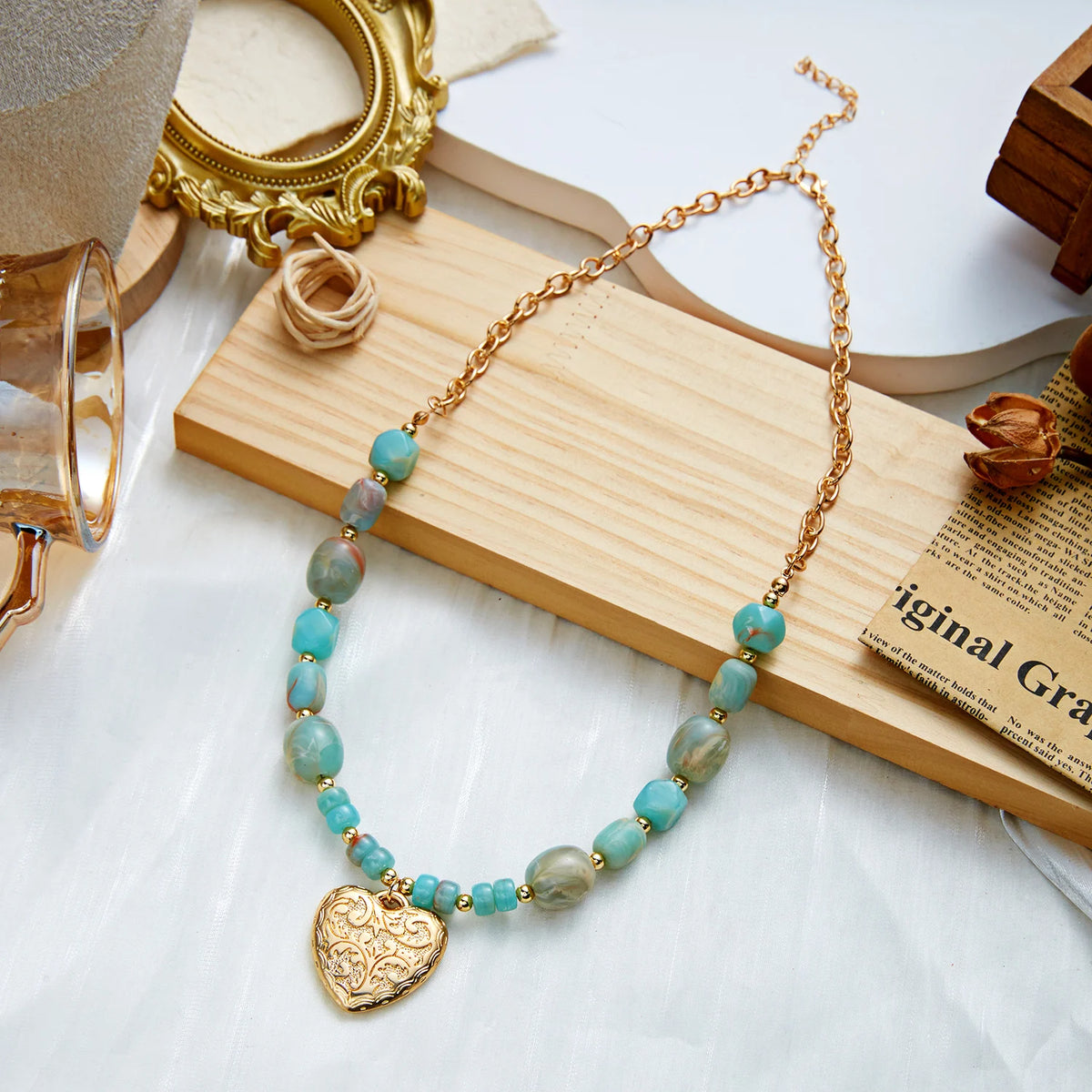 Boho stone beaded necklace with heart pendant for women by HSF Marketplace