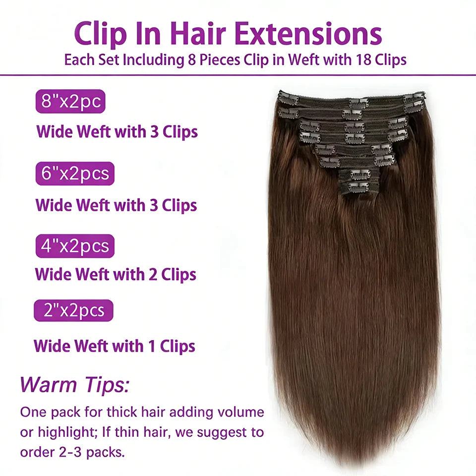 Clip-in Brazilian straight human hair extensions in natural #4/27 highlighted color, 16–26 inches, by HSF Marketplace