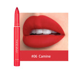 Cherry red matte lipstick and lip liner pencil from HSF Marketplace, with nude pink lip contour and plumping stain visible.