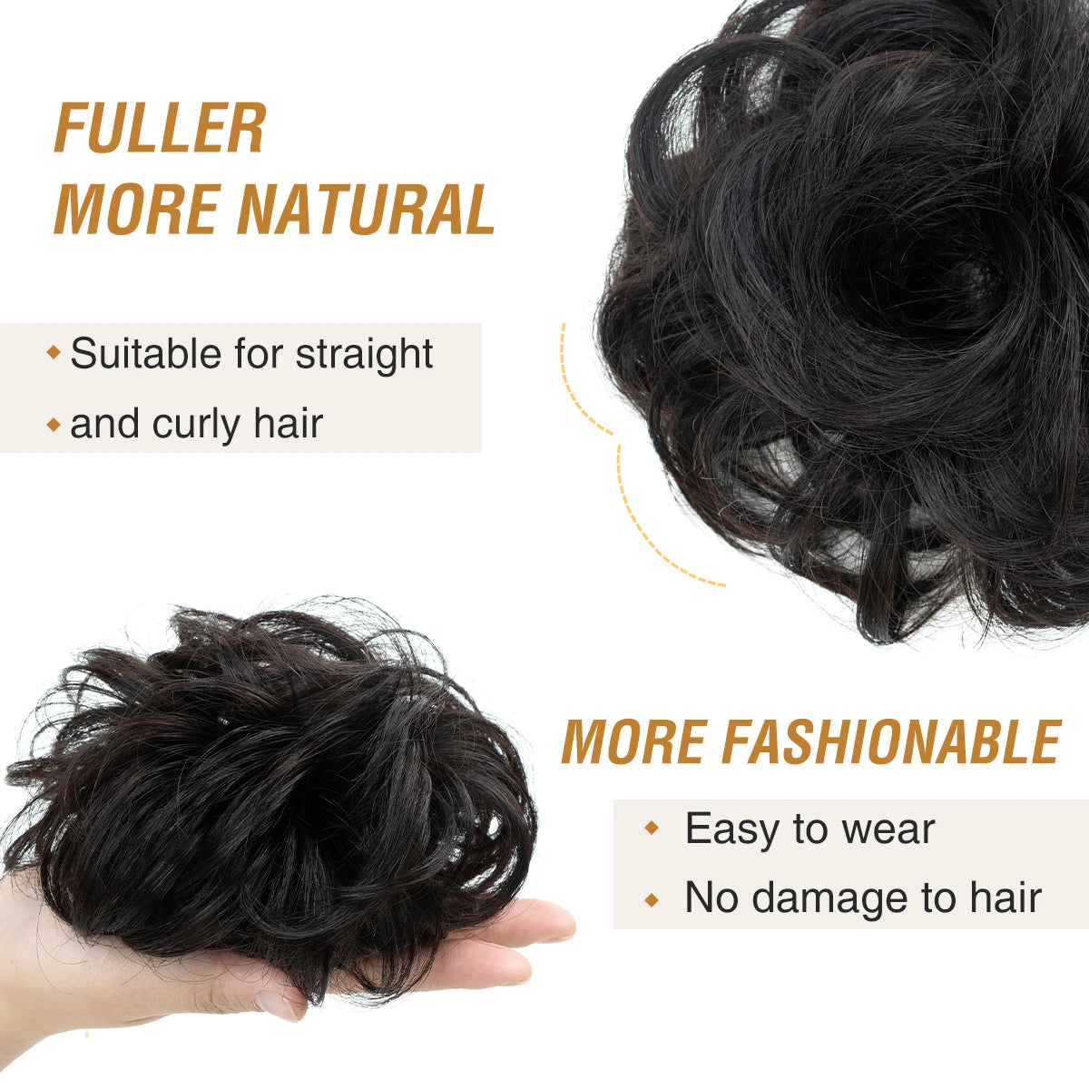 Elegant messy bun hairpiece, curly wave real human hair ponytail extension with elastic band, HSF Marketplace