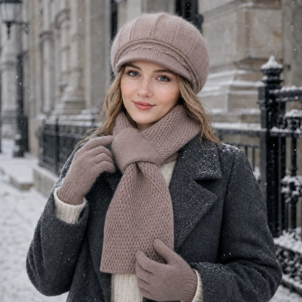 Women's 3-piece winter hat, scarf, and gloves set for cold weather by HSF Marketplace