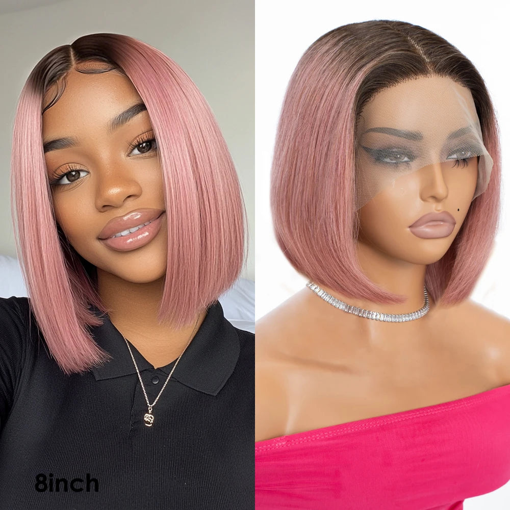 Rebecca ombre pink transparent short T lace human hair wig with straight Peruvian hair, 13x5 lace front, pre-plucked for women