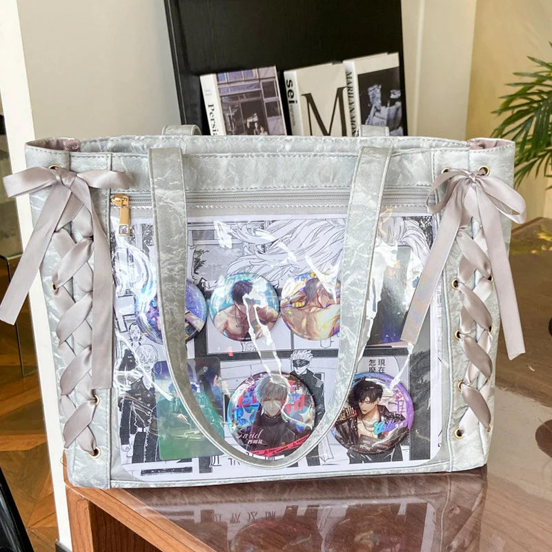 Large capacity Japanese Ita bag from HSF Marketplace, featuring a transparent design with cute Y2K Lolita style shoulder tote for casual use