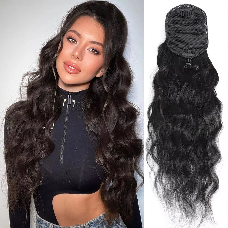 Body wave drawstring ponytail human hair extensions in 8-26 inches with wrap-around clip-in design