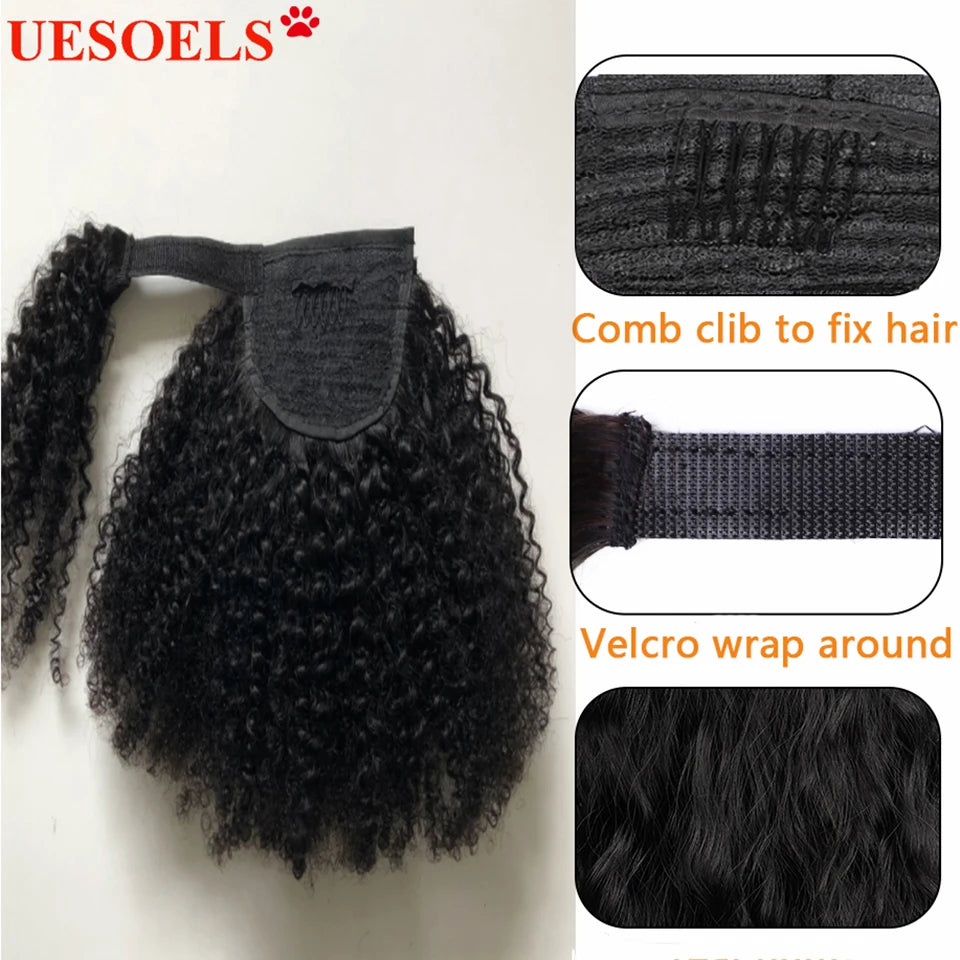 HSF Marketplace Afro curly wrap-around clip-in ponytail, Brazilian 15A Remy human hair extension, 8–20 inches