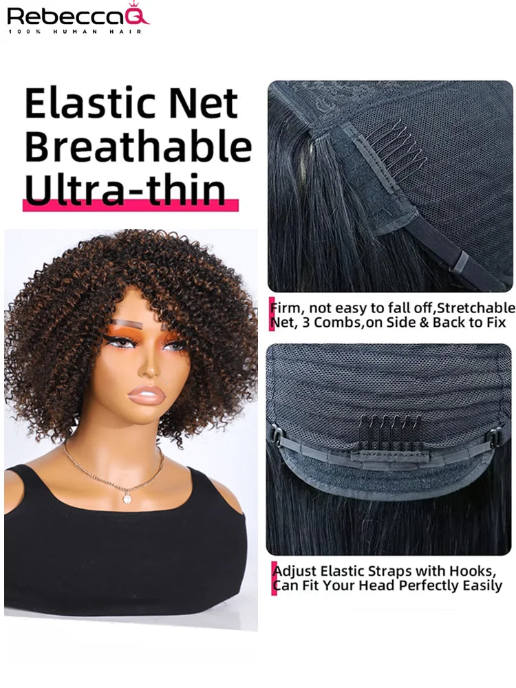 Kinky curly bob wig for women with bangs, Brazilian Remy human hair, high-density, easy to wear, natural look