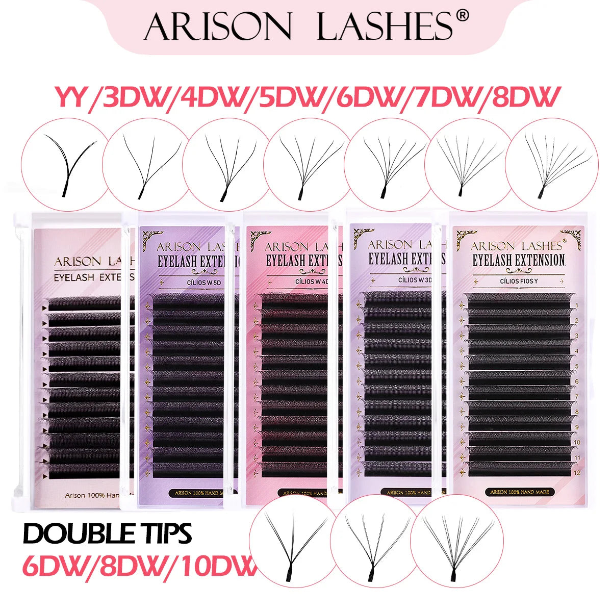 Arison 3D-6D W-Shape false eyelash extensions for creating volume fans, displayed in a lash tray