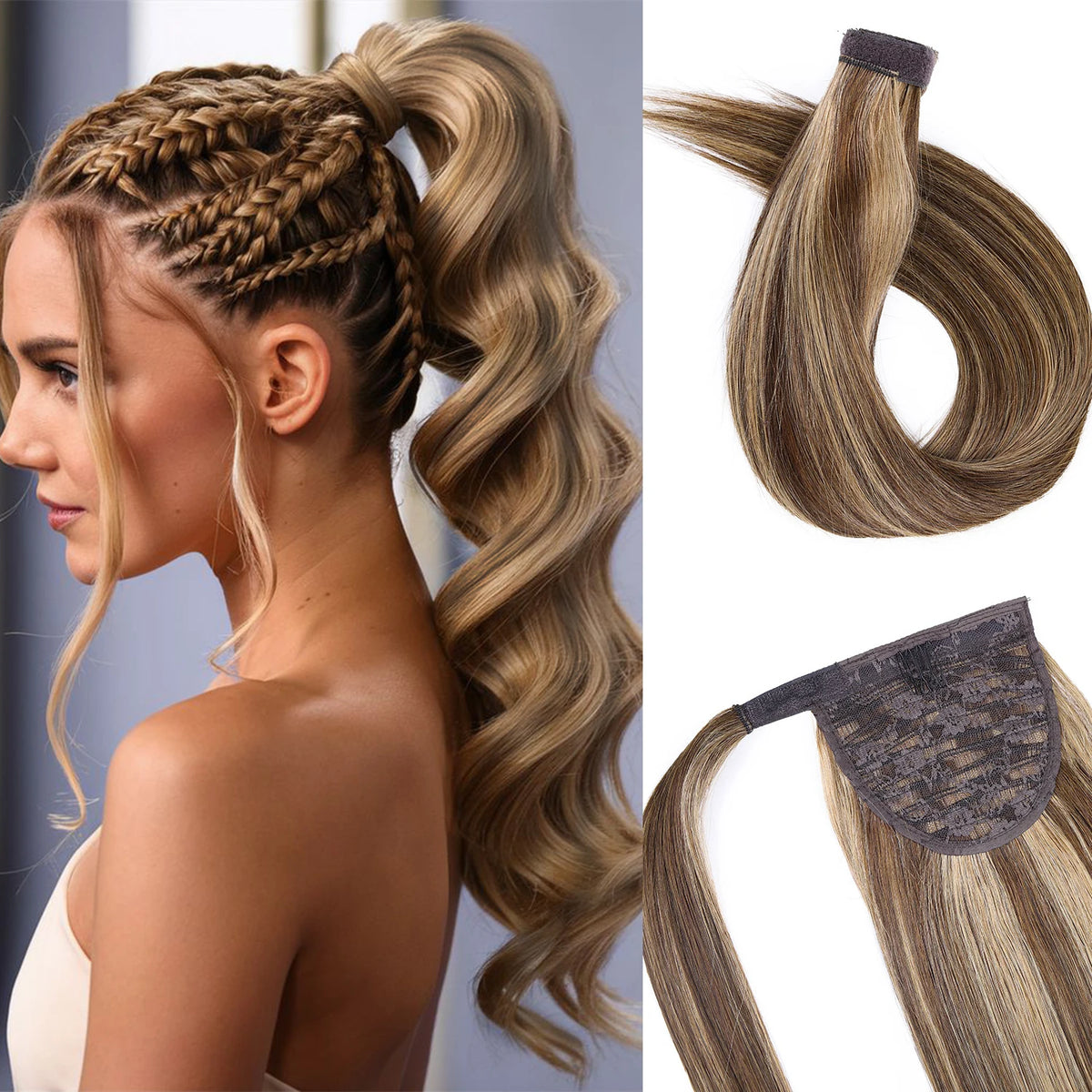 Straight human hair wrap-around ponytail extension with clip for women, by HSF Marketplace
