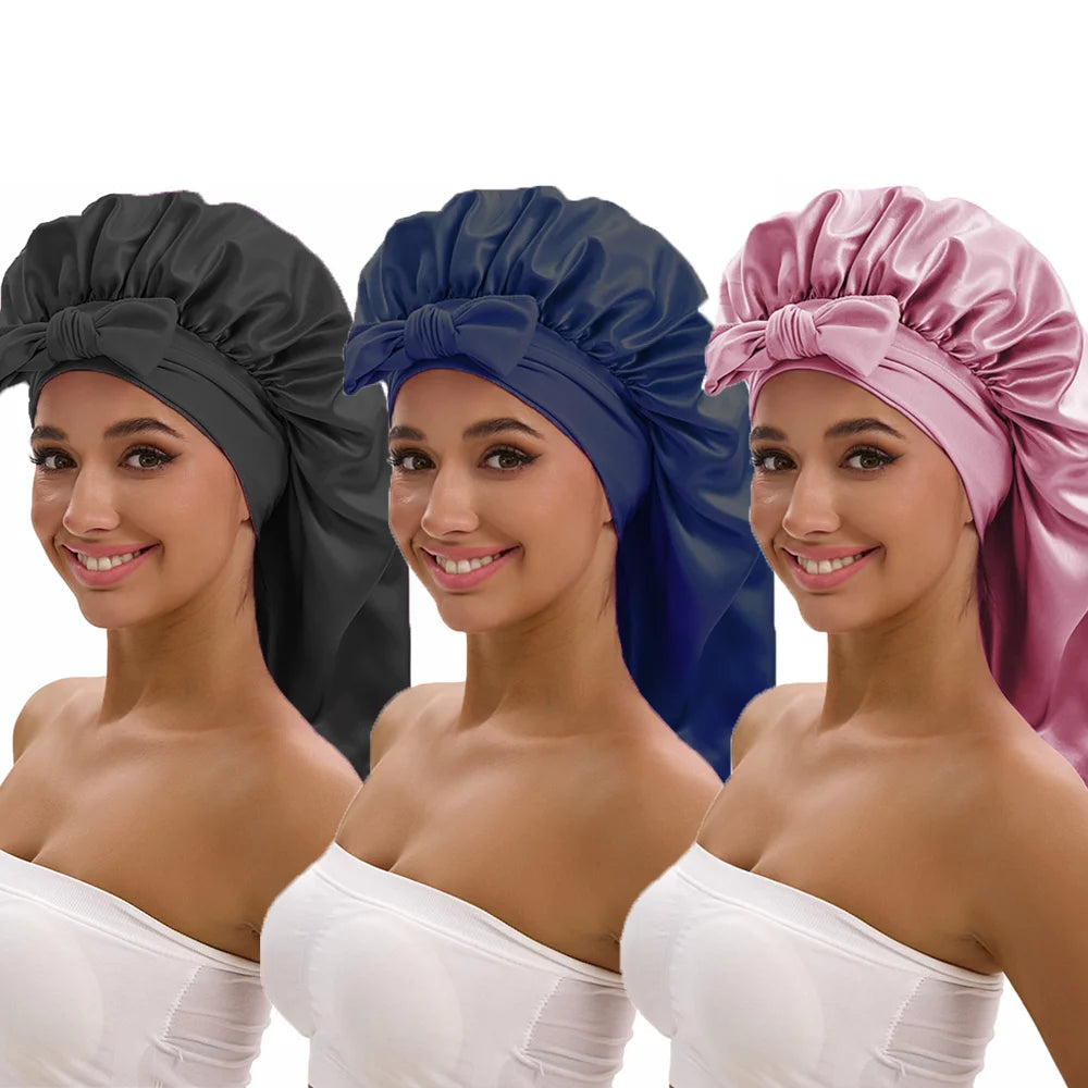 3-piece satin long bonnet set with wide brim and bow tie for everyday hair styling