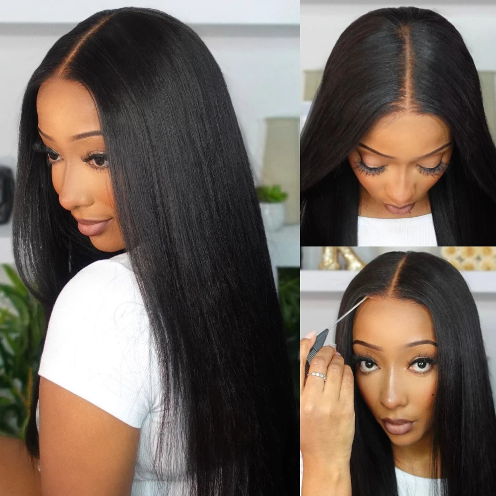 Yaki straight human hair wig with glueless 7x5 lace, ready-to-wear natural black style
